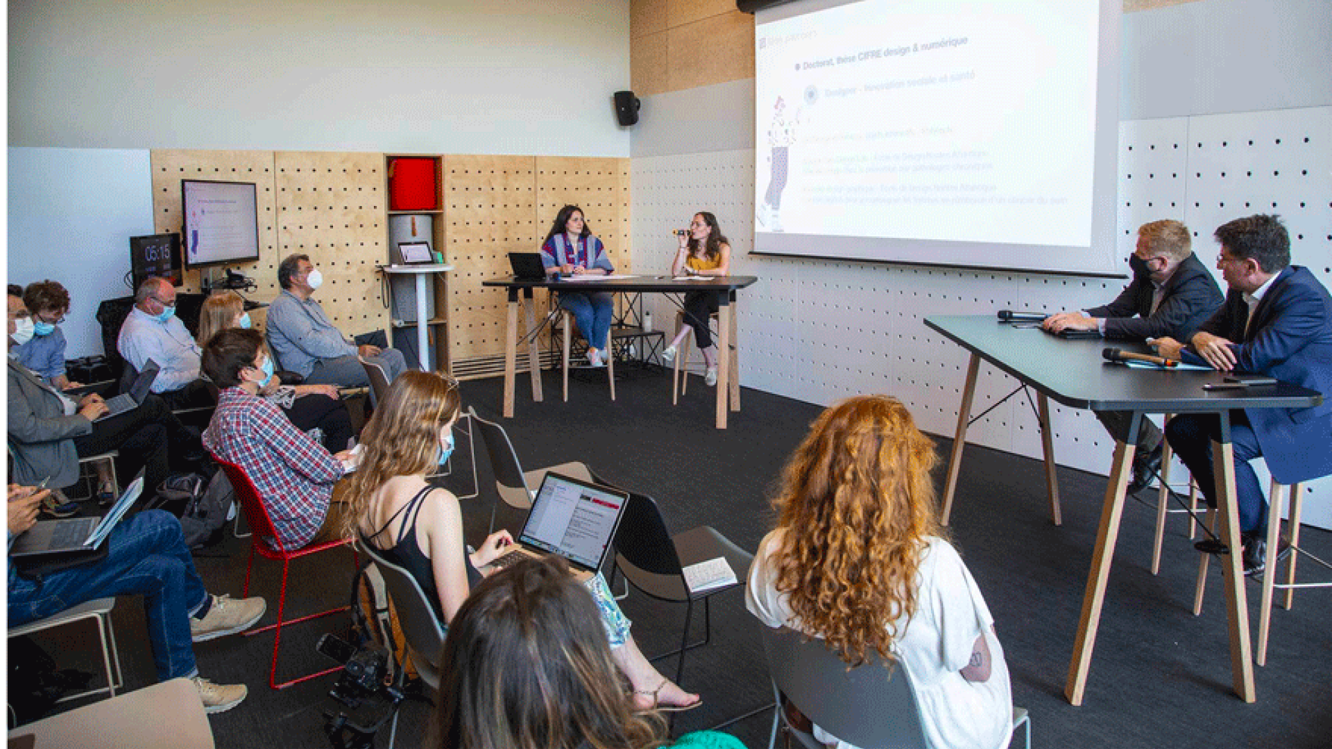 Closing event of the Design & Innovative Public Action Chair, Clémence Montagne, director of the school's Care Design Lab and Loélia Rapin, doctoral designer and graduate of the school's Care Design Lab