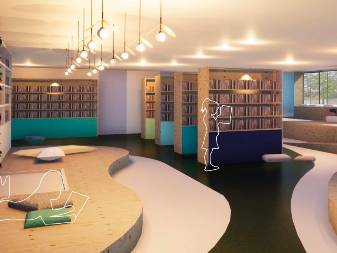Projet Noia - Espace avec un coin bibliothèque conçu pour les enfants atteints de troubles de l’attention ou d’hyperactivité